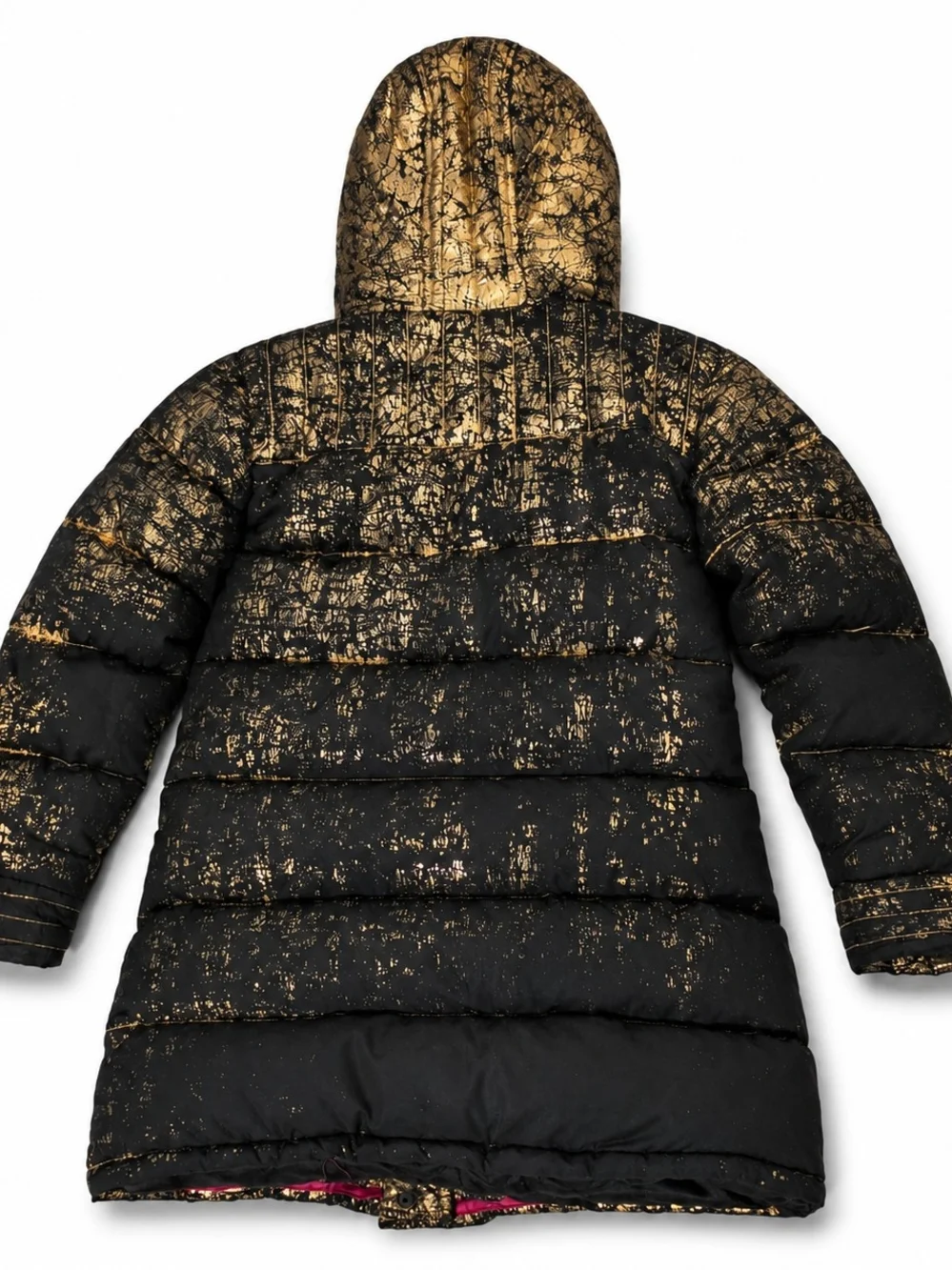 Appaman Girls Size 7 Black Gold Foil Long Puffer Coat Hooded Metallic
